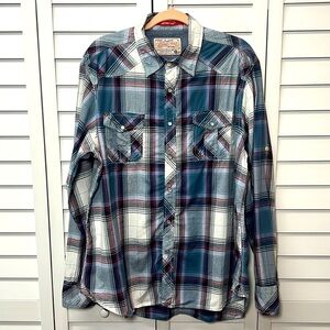 Jeffrey Max Long Sleeve Plaid Pearl Snap Button Down Cotton Shirt Size XL